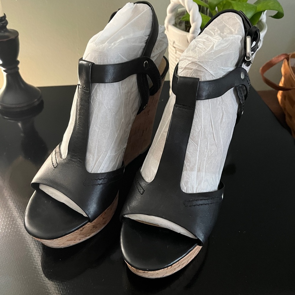 Blk leather cork wedge sandal. Marc Fischer